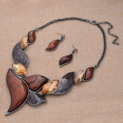 Retro Women'S Crystal Floral Petal Leaf Chunky Statement Necklace and Earrings Set Party Jewelry