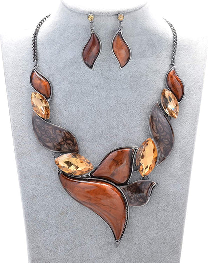Retro Women'S Crystal Floral Petal Leaf Chunky Statement Necklace and Earrings Set Party Jewelry