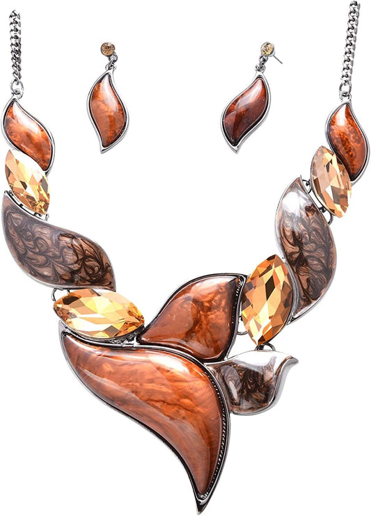 Retro Women'S Crystal Floral Petal Leaf Chunky Statement Necklace and Earrings Set Party Jewelry Brown