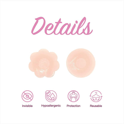 Reusable Silicon Nipple Cover - 4 Pairs, Thin Self-Adhesive Breast Covers, Pasty Bra Pad, Invisible Pasties No Show Bra for Women (Shape: 4Pcs Rounds + 4Pcs Flowers)