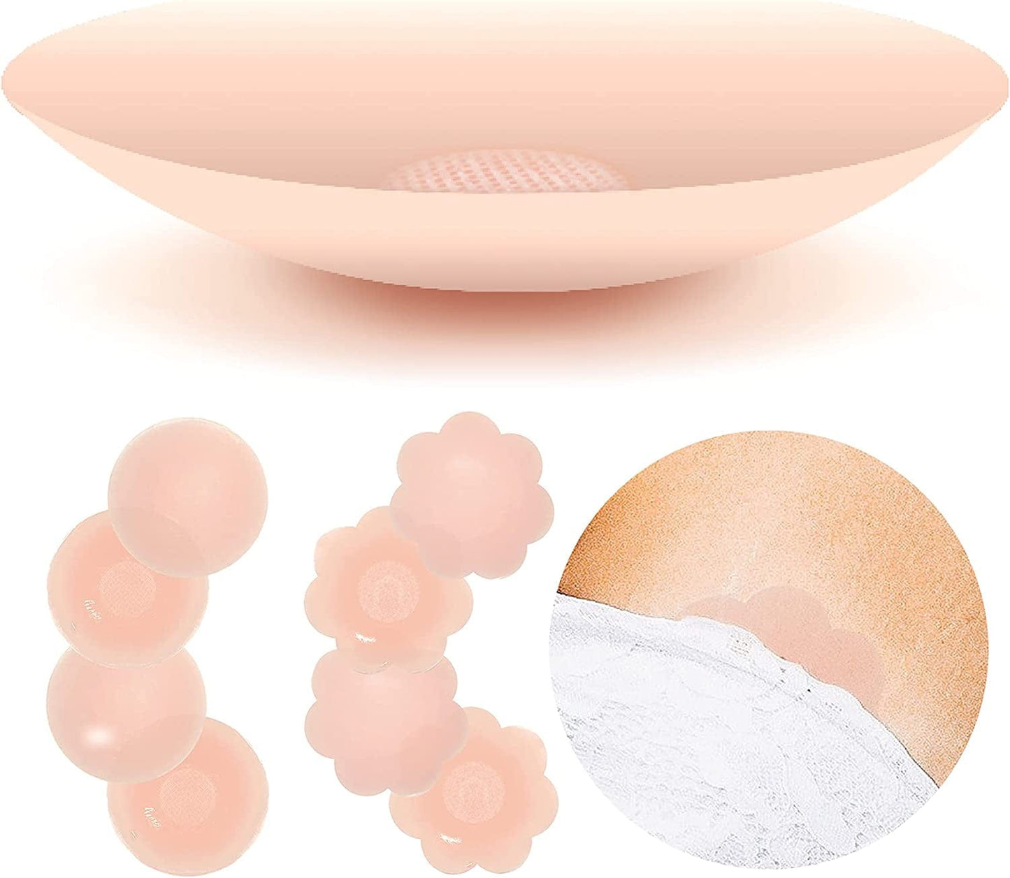 Reusable Silicon Nipple Cover - 4 Pairs, Thin Self-Adhesive Breast Covers, Pasty Bra Pad, Invisible Pasties No Show Bra for Women (Shape: 4Pcs Rounds + 4Pcs Flowers)