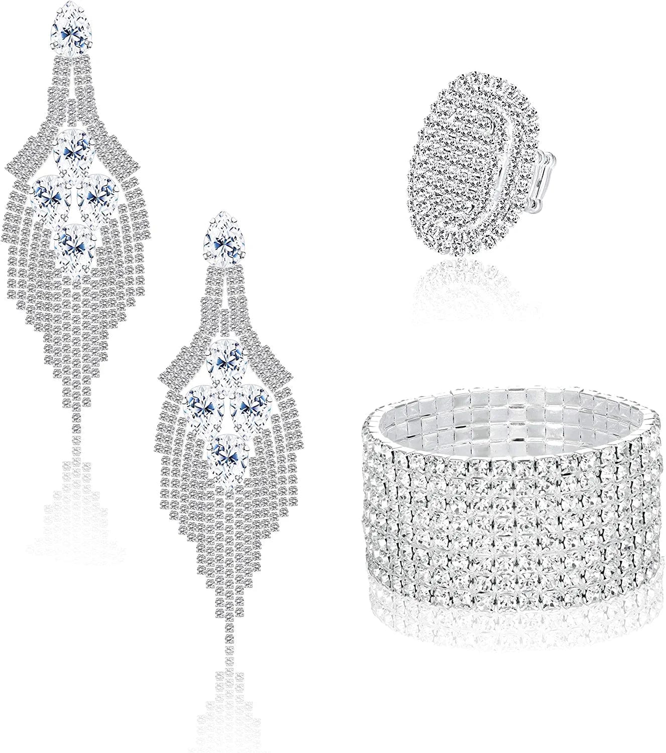 Rhinestone Bridal Jewelry Set for Women Sparkling Rhinestone Stretch Bracelet Ring Dangle Tassel Earrings Set Costume Jewelry Set 2