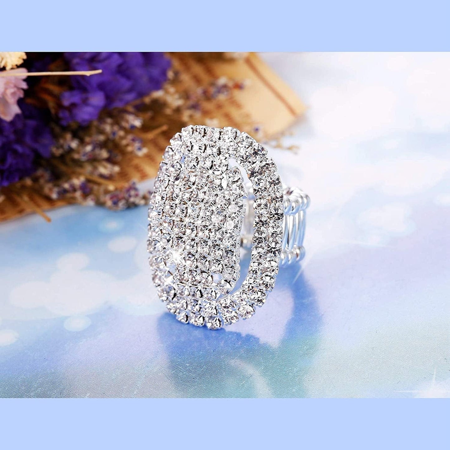 Rhinestone Bridal Jewelry Set for Women Sparkling Rhinestone Stretch Bracelet Ring Dangle Tassel Earrings Set Costume Jewelry