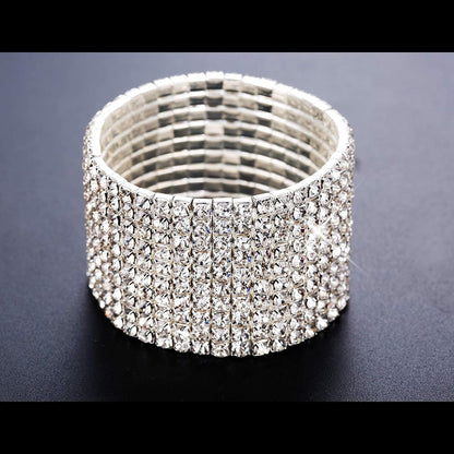Rhinestone Bridal Jewelry Set for Women Sparkling Rhinestone Stretch Bracelet Ring Dangle Tassel Earrings Set Costume Jewelry
