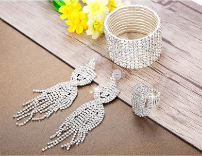 Rhinestone Bridal Jewelry Set for Women Sparkling Rhinestone Stretch Bracelet Ring Dangle Tassel Earrings Set Costume Jewelry