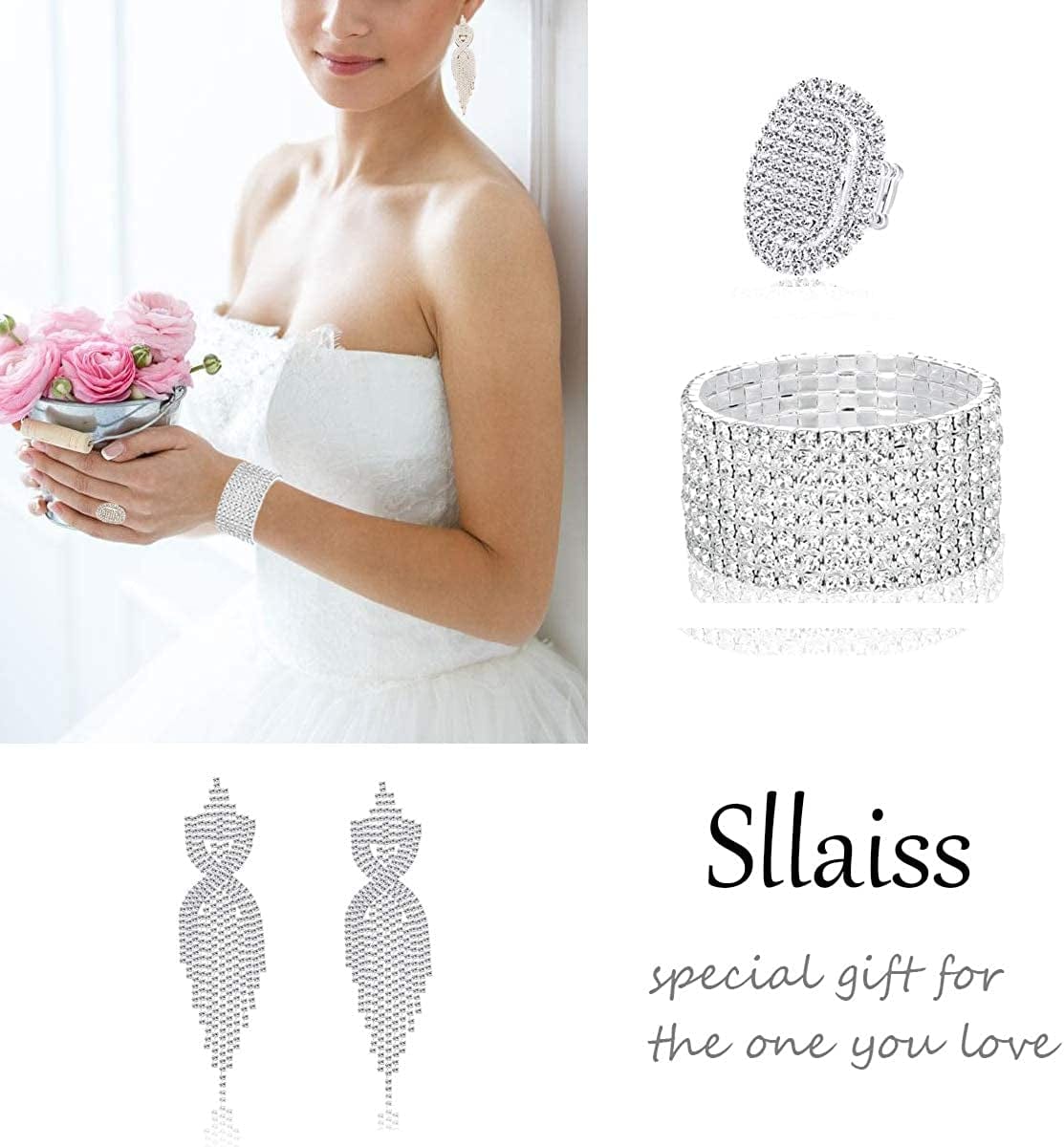 Rhinestone Bridal Jewelry Set for Women Sparkling Rhinestone Stretch Bracelet Ring Dangle Tassel Earrings Set Costume Jewelry