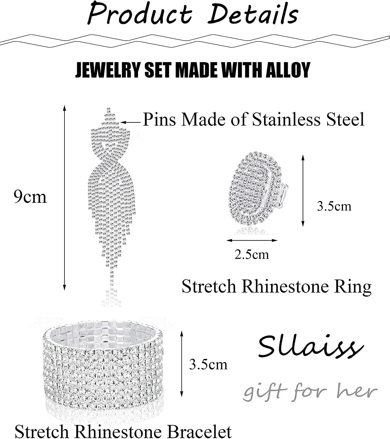 Rhinestone Bridal Jewelry Set for Women Sparkling Rhinestone Stretch Bracelet Ring Dangle Tassel Earrings Set Costume Jewelry