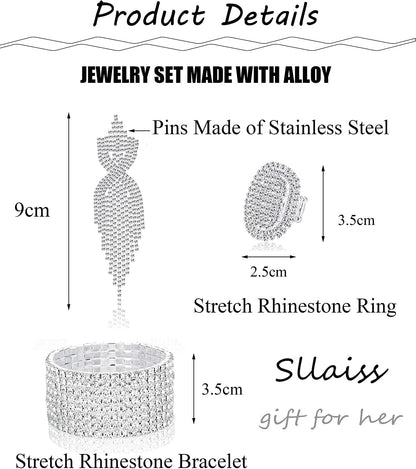 Rhinestone Bridal Jewelry Set for Women Sparkling Rhinestone Stretch Bracelet Ring Dangle Tassel Earrings Set Costume Jewelry