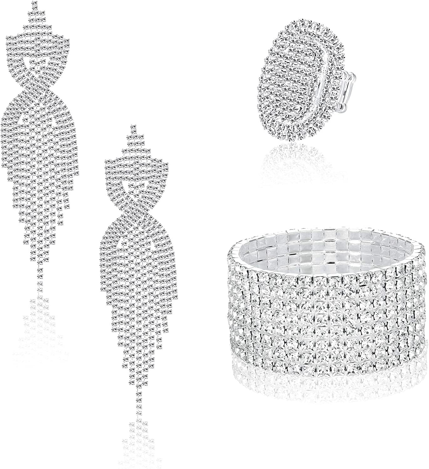 Rhinestone Bridal Jewelry Set for Women Sparkling Rhinestone Stretch Bracelet Ring Dangle Tassel Earrings Set Costume Jewelry Set 01