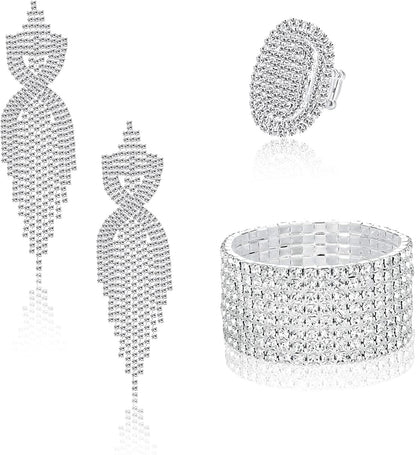 Rhinestone Bridal Jewelry Set for Women Sparkling Rhinestone Stretch Bracelet Ring Dangle Tassel Earrings Set Costume Jewelry Set 01