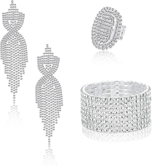 Rhinestone Bridal Jewelry Set for Women Sparkling Rhinestone Stretch Bracelet Ring Dangle Tassel Earrings Set Costume Jewelry Set 01