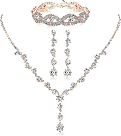 Rhinestone Bridesmaid Jewelry Sets for Women Necklace and Earring Set for Wedding with Crystal Bracelet D:Earring+Necklace+Bracelet