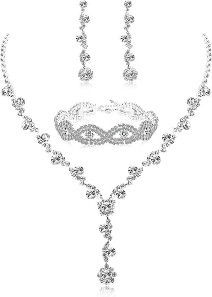 Rhinestone Bridesmaid Jewelry Sets for Women Necklace and Earring Set for Wedding with Crystal Bracelet A: Earring+Necklace+Bracelet
