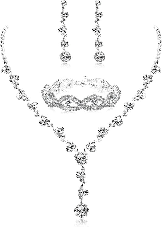 Rhinestone Bridesmaid Jewelry Sets for Women Necklace and Earring Set for Wedding with Crystal Bracelet A: Earring+Necklace+Bracelet