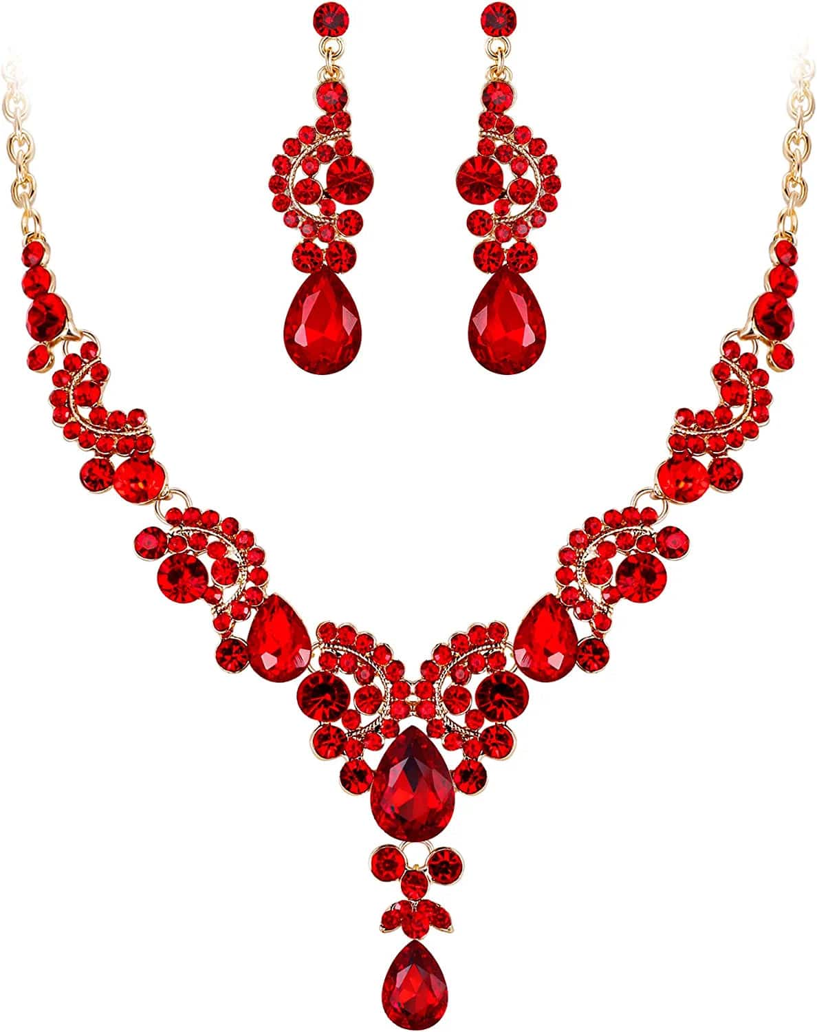 Rhinestone Crystal Bridal Floral Wave Teardrop Necklace Earrings Set 12_Red Gold-Tone