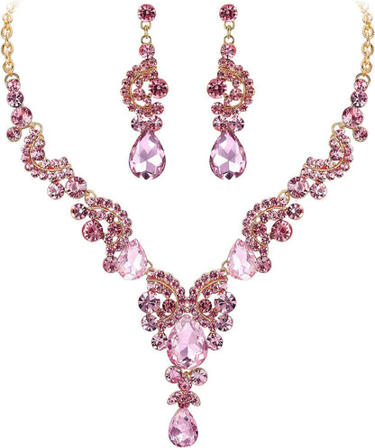 Rhinestone Crystal Bridal Floral Wave Teardrop Necklace Earrings Set 20_Pink Gold-Tone