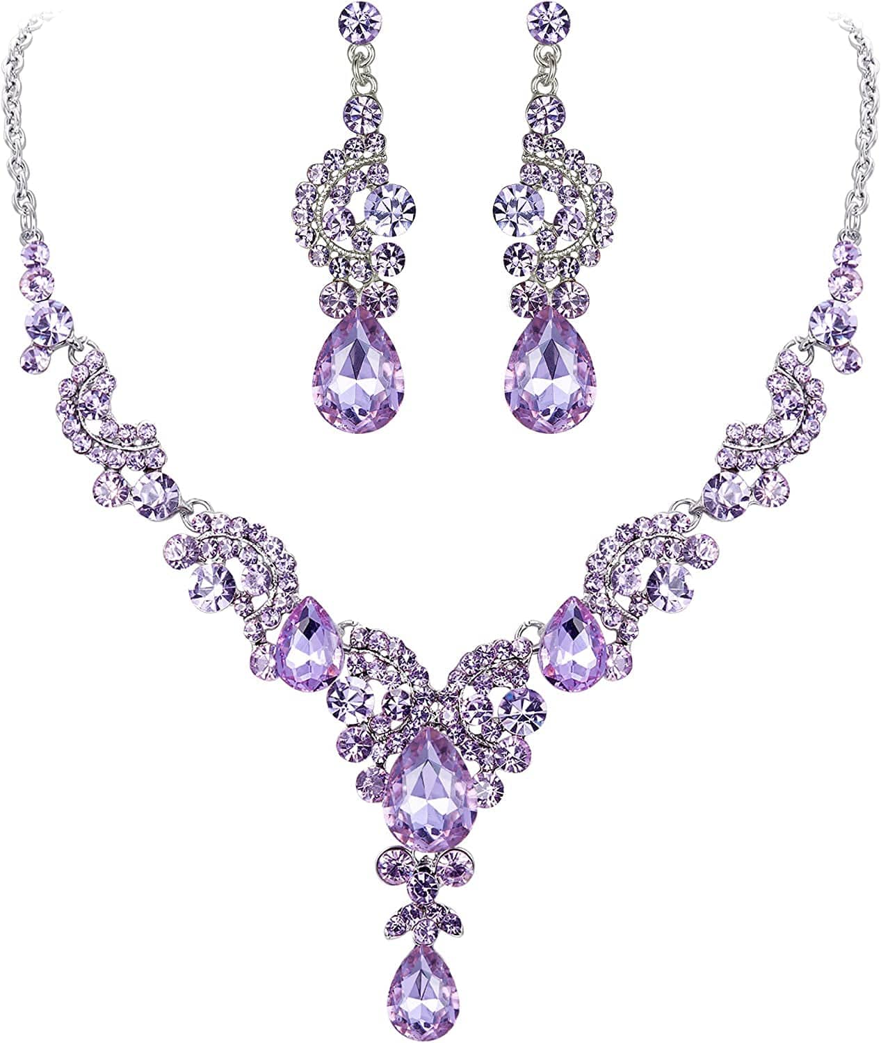 Rhinestone Crystal Bridal Floral Wave Teardrop Necklace Earrings Set 9_Light Purple Silver-Tone