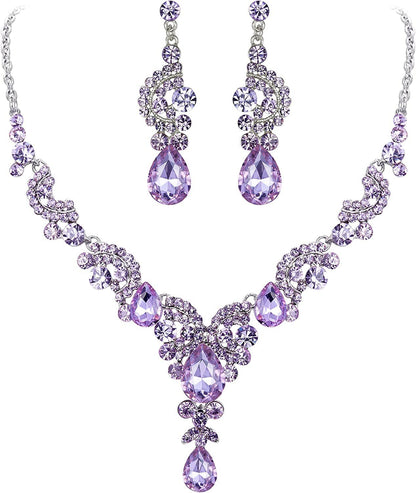 Rhinestone Crystal Bridal Floral Wave Teardrop Necklace Earrings Set 9_Light Purple Silver-Tone