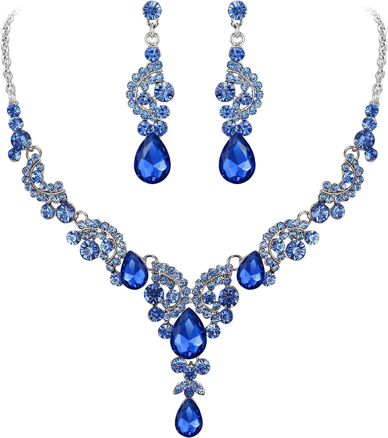 Rhinestone Crystal Bridal Floral Wave Teardrop Necklace Earrings Set 24_Light Blue Silver-Tone
