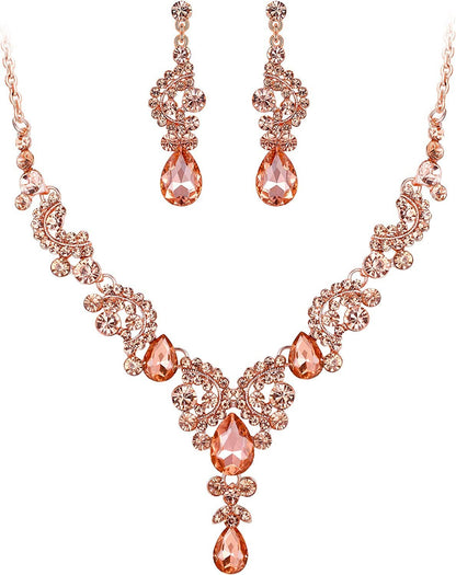 Rhinestone Crystal Bridal Floral Wave Teardrop Necklace Earrings Set 16_Champagne Color Gold-Tone
