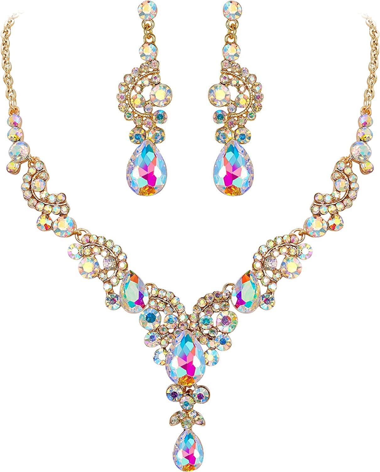 Rhinestone Crystal Bridal Floral Wave Teardrop Necklace Earrings Set 21_Iridescent Clear AB Gold-Tone