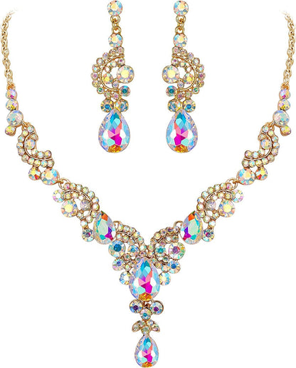 Rhinestone Crystal Bridal Floral Wave Teardrop Necklace Earrings Set 21_Iridescent Clear AB Gold-Tone