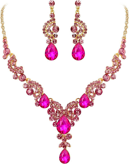 Rhinestone Crystal Bridal Floral Wave Teardrop Necklace Earrings Set 23_Fuchsia Gold-Tone