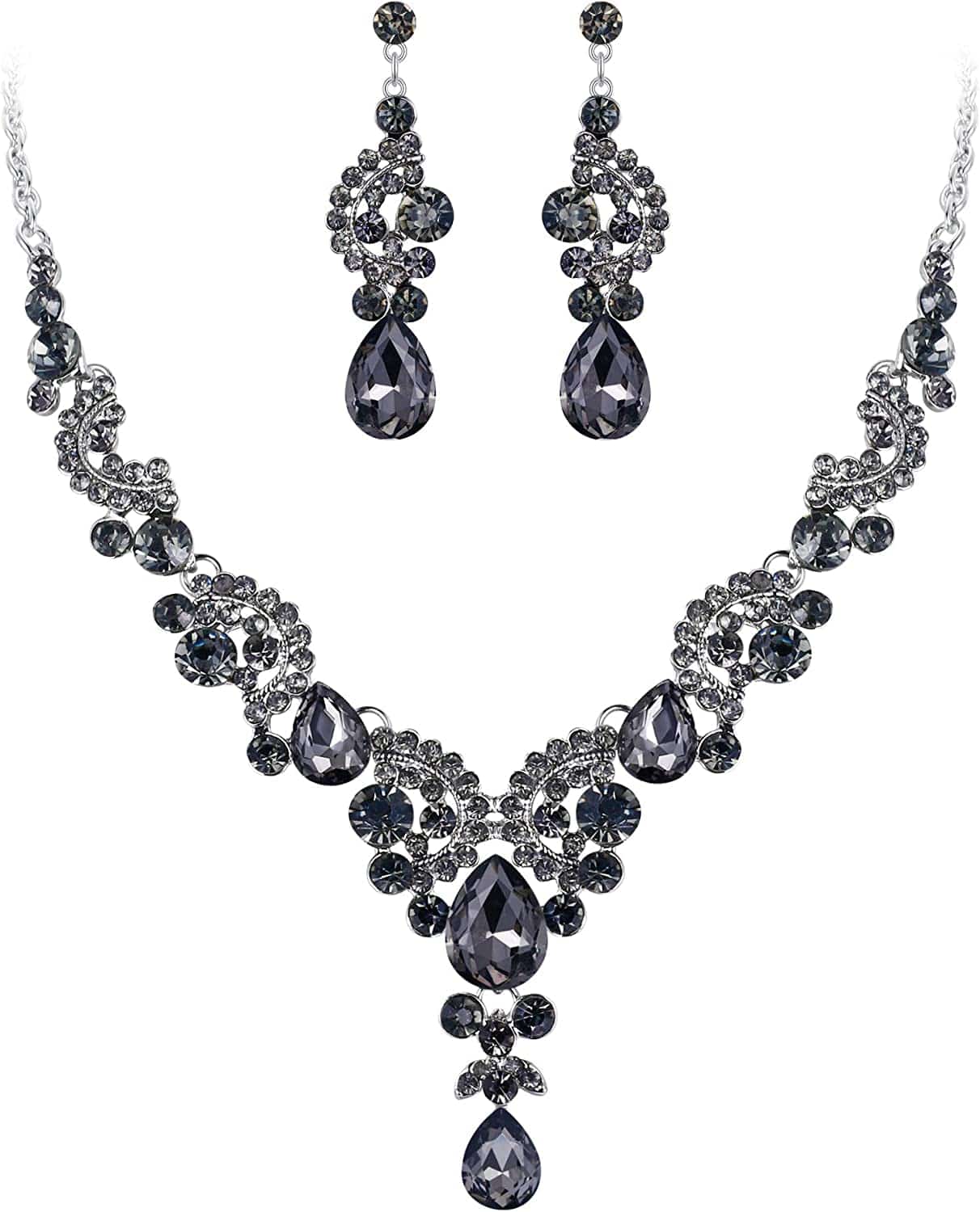 Rhinestone Crystal Bridal Floral Wave Teardrop Necklace Earrings Set 1_Grey Silver-Tone