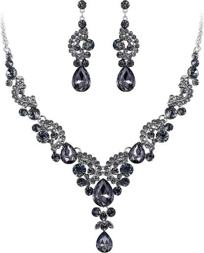 Rhinestone Crystal Bridal Floral Wave Teardrop Necklace Earrings Set 1_Grey Silver-Tone