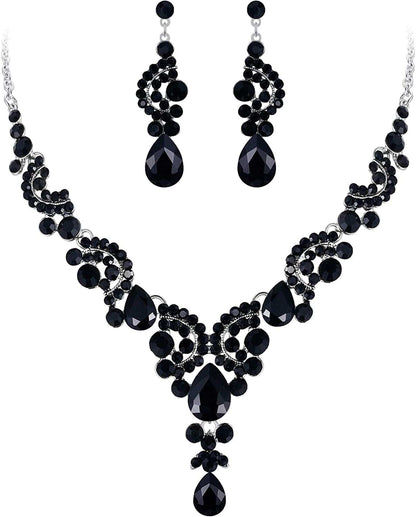 Rhinestone Crystal Bridal Floral Wave Teardrop Necklace Earrings Set 19_Black Silver-Tone