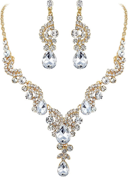 Rhinestone Crystal Bridal Floral Wave Teardrop Necklace Earrings Set 22_Clear Gold-Tone