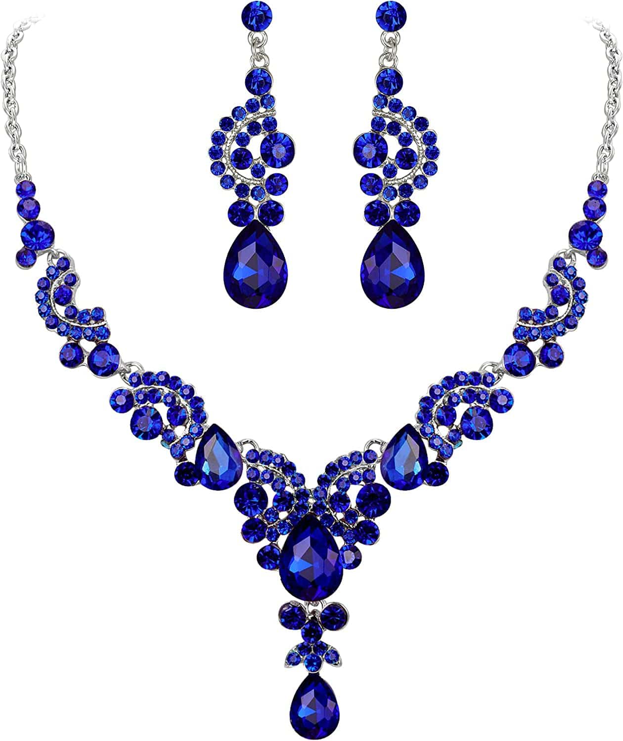 Rhinestone Crystal Bridal Floral Wave Teardrop Necklace Earrings Set 4_Navy Blue Silver-Tone