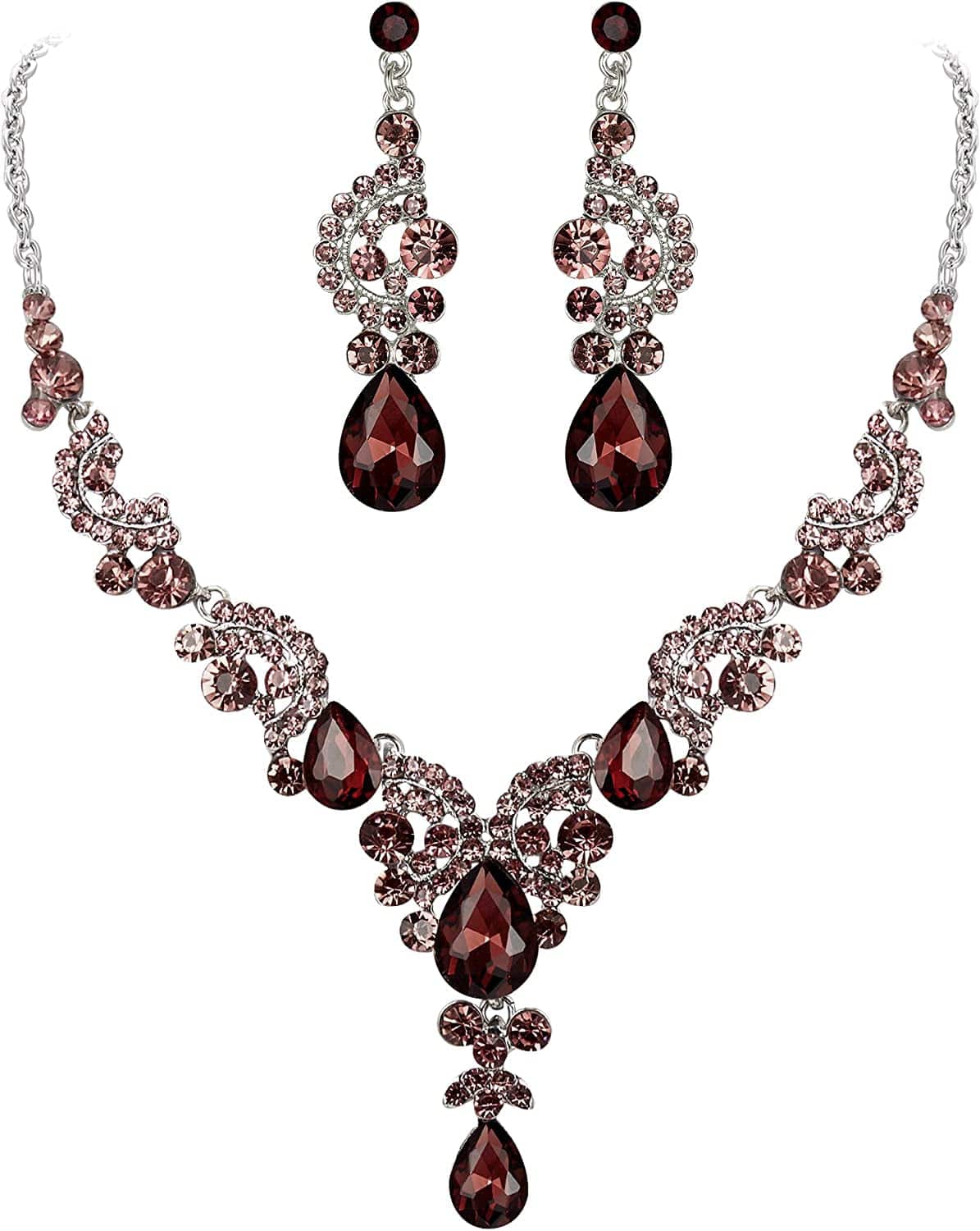Rhinestone Crystal Bridal Floral Wave Teardrop Necklace Earrings Set 3_Purple Silver-Tone