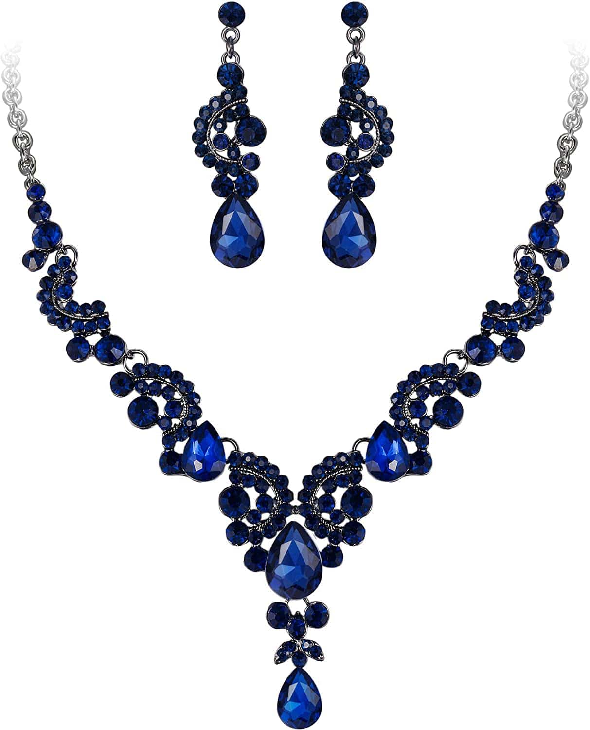Rhinestone Crystal Bridal Floral Wave Teardrop Necklace Earrings Set 15_Blue Black-Tone