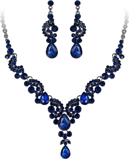 Rhinestone Crystal Bridal Floral Wave Teardrop Necklace Earrings Set 15_Blue Black-Tone