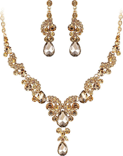 Rhinestone Crystal Bridal Floral Wave Teardrop Necklace Earrings Set 17_Brown Gold-Tone