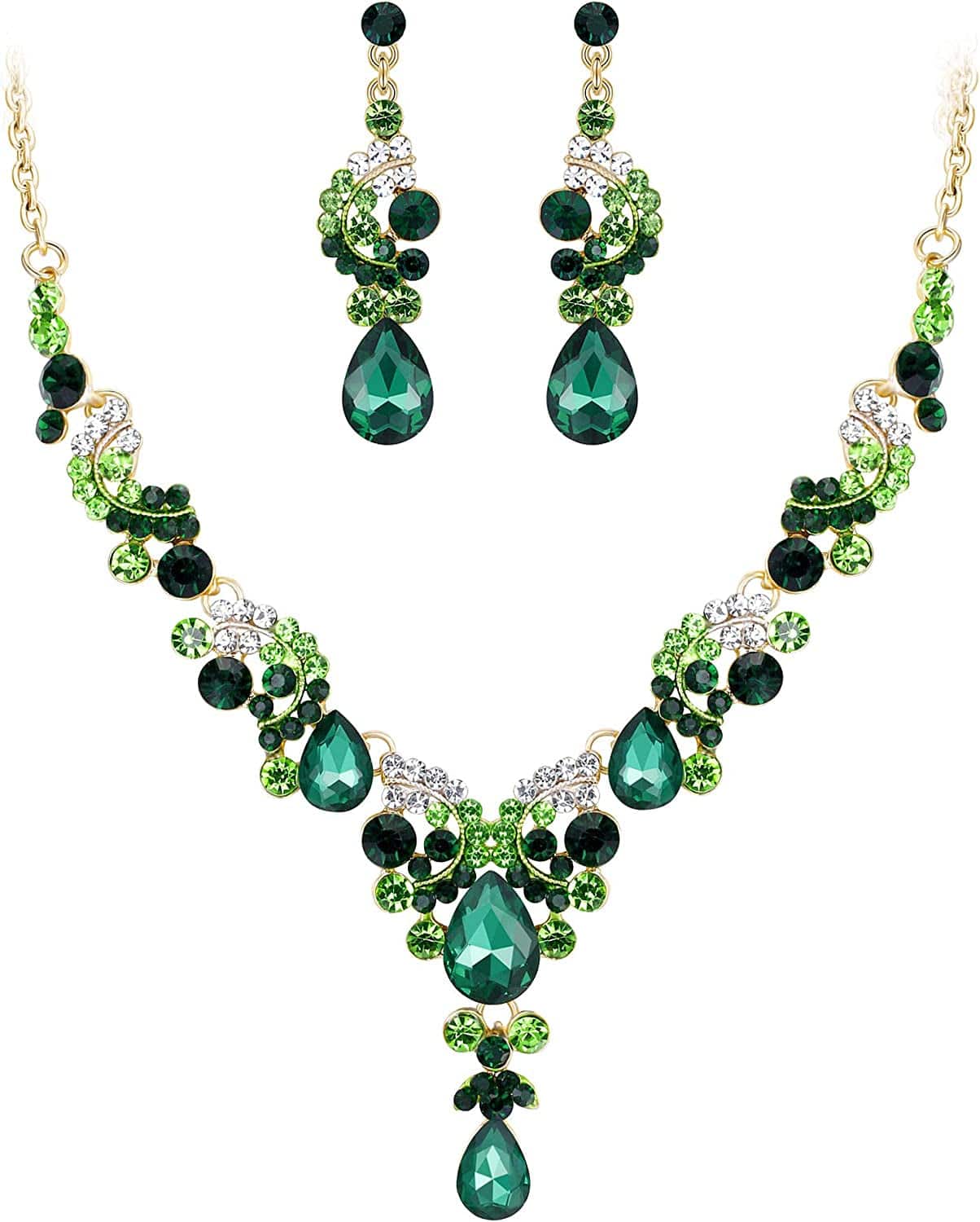 Rhinestone Crystal Bridal Floral Wave Teardrop Necklace Earrings Set 13_Green Gold-Tone
