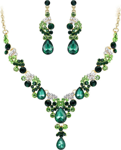 Rhinestone Crystal Bridal Floral Wave Teardrop Necklace Earrings Set 13_Green Gold-Tone