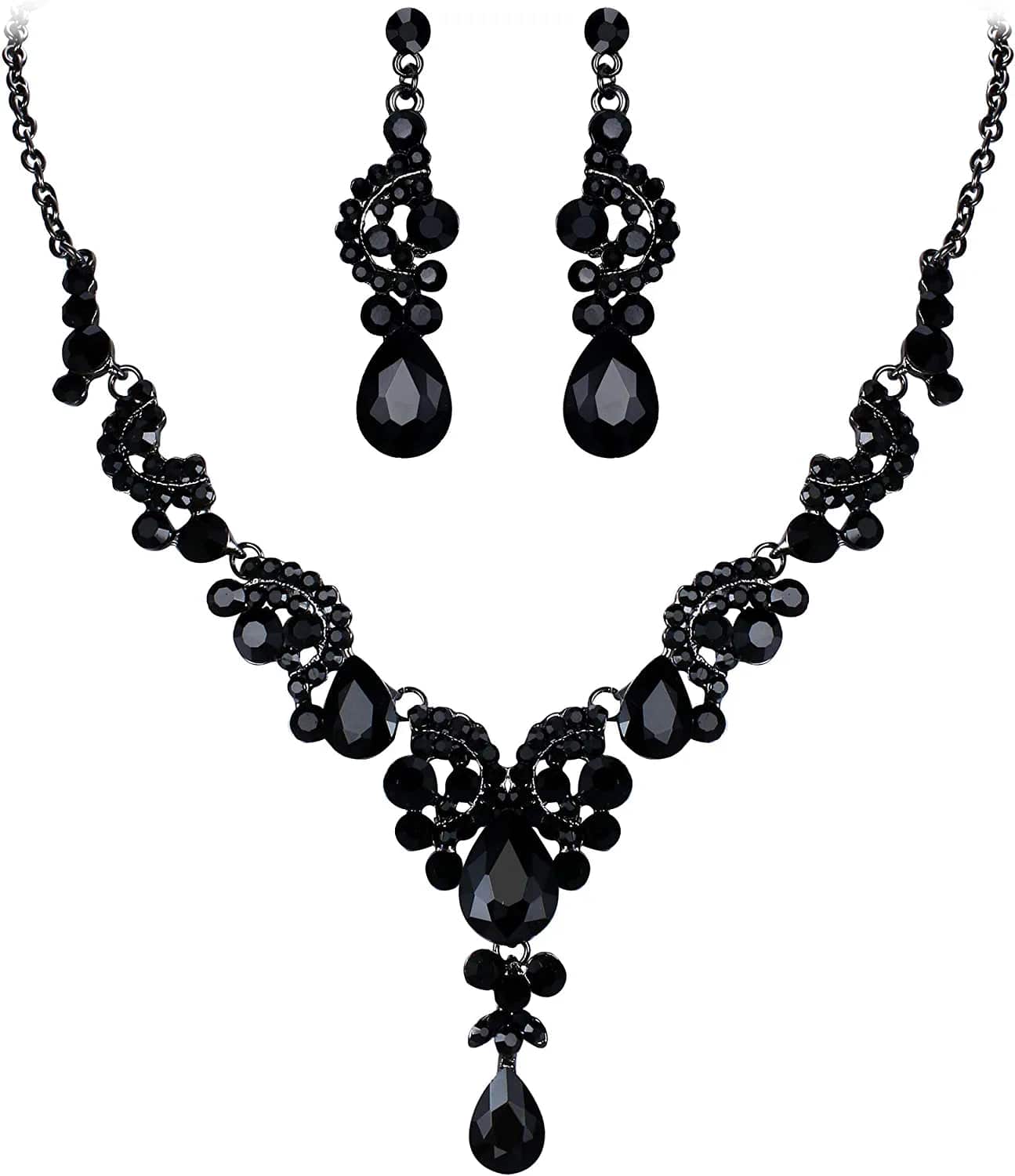 Rhinestone Crystal Bridal Floral Wave Teardrop Necklace Earrings Set 11_Black Black-Tone