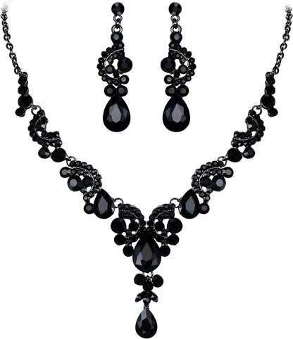 Rhinestone Crystal Bridal Floral Wave Teardrop Necklace Earrings Set 11_Black Black-Tone