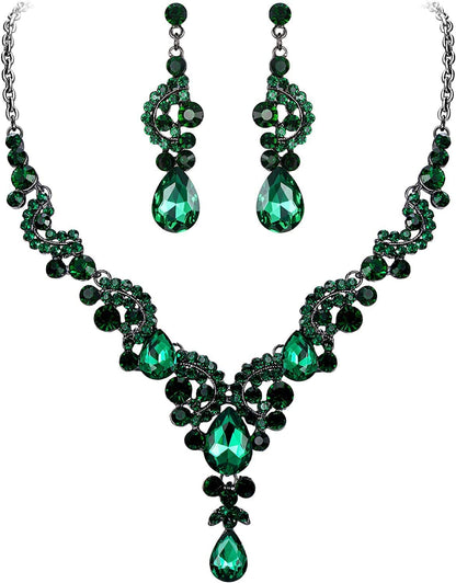 Rhinestone Crystal Bridal Floral Wave Teardrop Necklace Earrings Set 14_Green Black-Tone