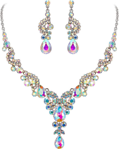 Rhinestone Crystal Bridal Floral Wave Teardrop Necklace Earrings Set 5_Iridescent Clear AB Silver-Tone