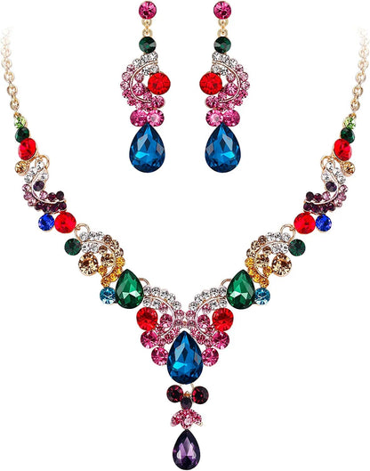 Rhinestone Crystal Bridal Floral Wave Teardrop Necklace Earrings Set 2_Multicolor Gold-Tone
