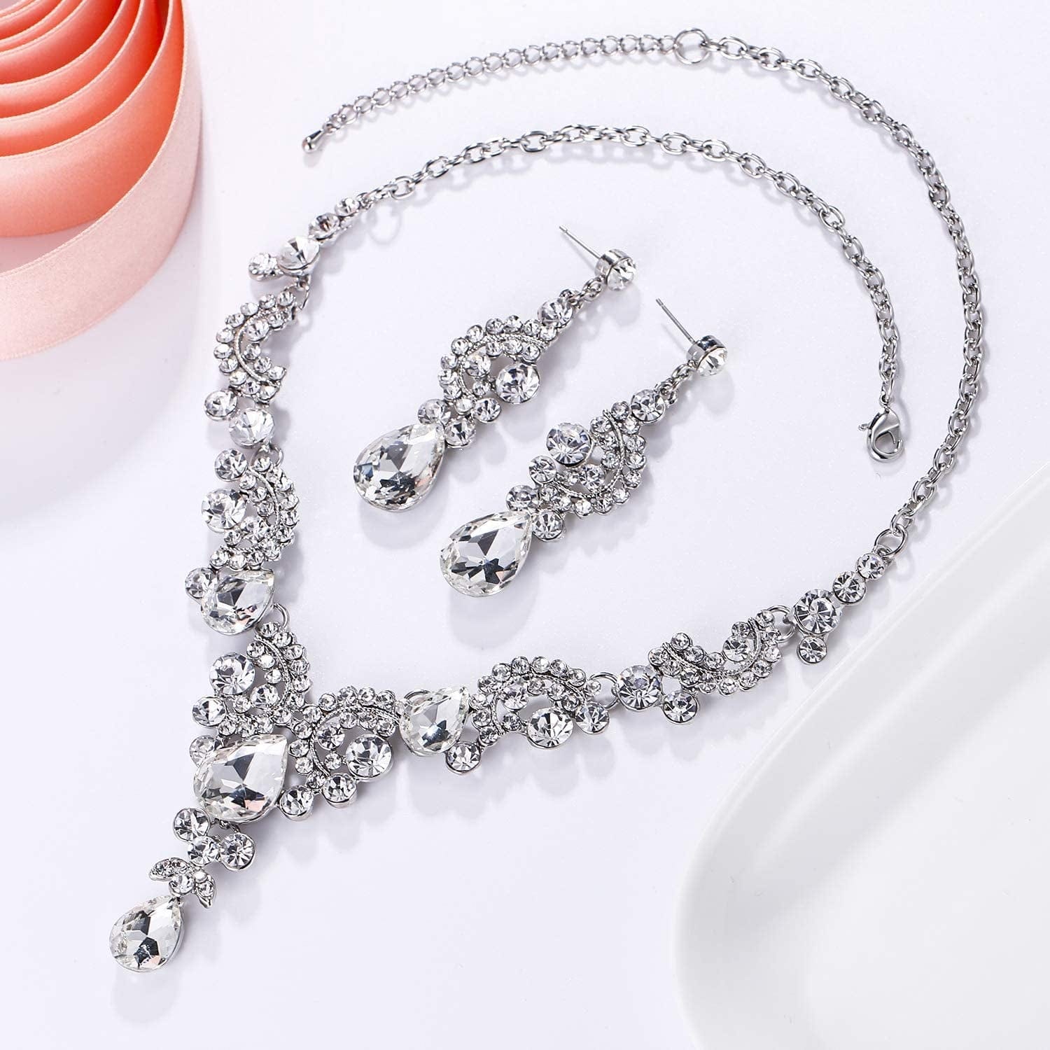 Rhinestone Crystal Bridal Floral Wave Teardrop Necklace Earrings Set