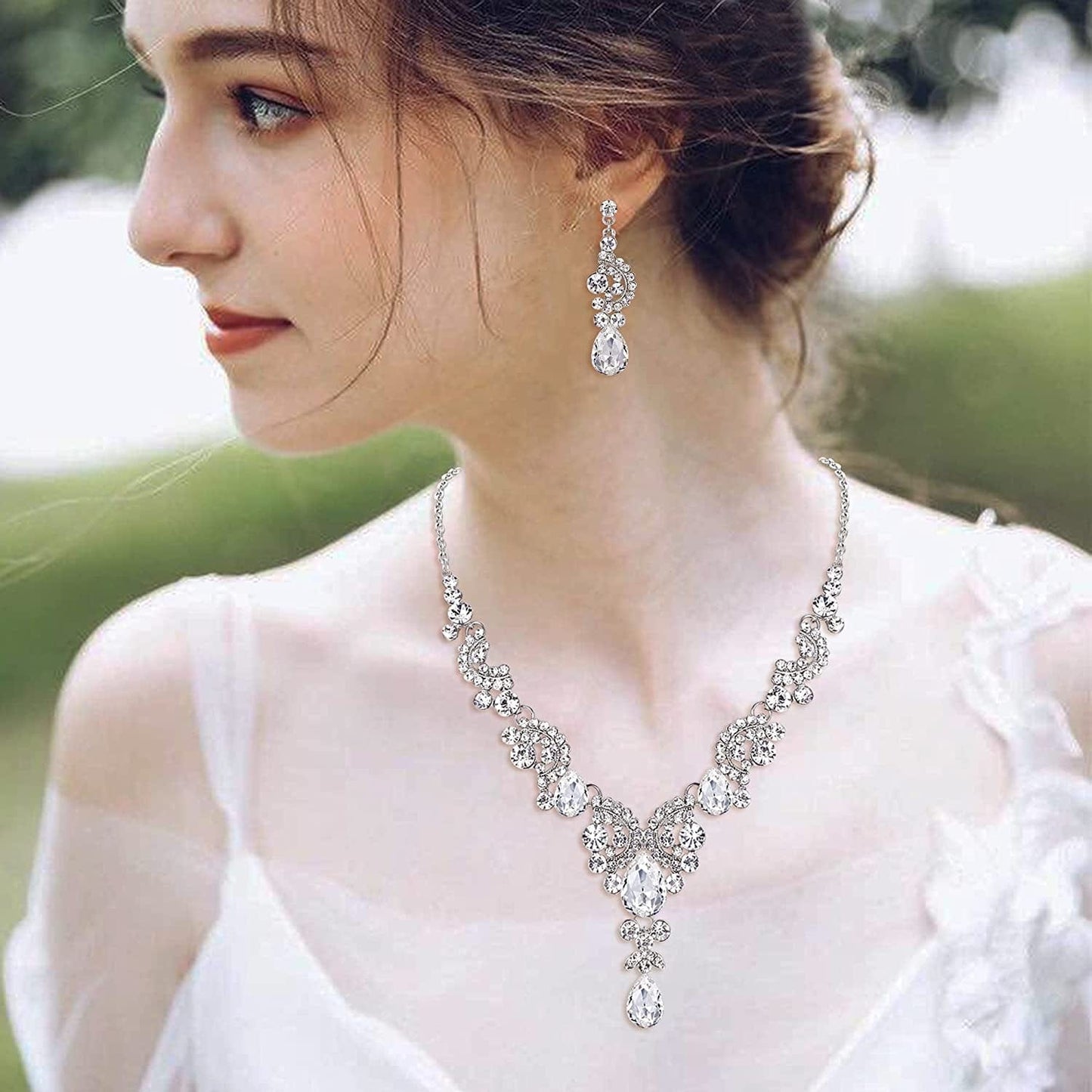 Rhinestone Crystal Bridal Floral Wave Teardrop Necklace Earrings Set