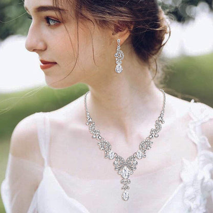 Rhinestone Crystal Bridal Floral Wave Teardrop Necklace Earrings Set