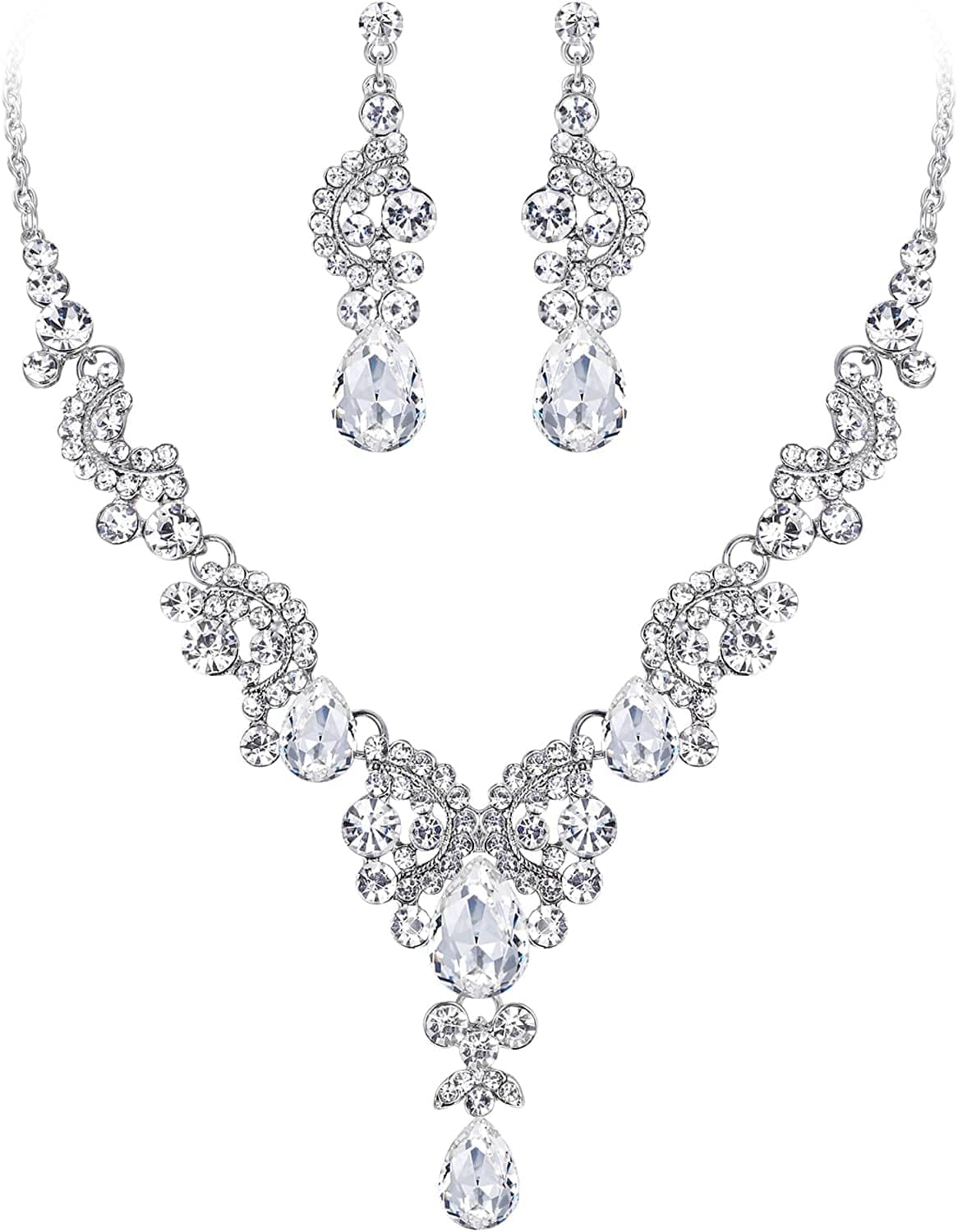 Rhinestone Crystal Bridal Floral Wave Teardrop Necklace Earrings Set 10_Clear Silver-Tone