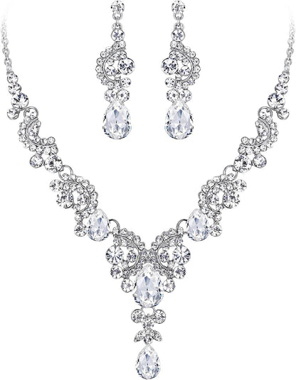Rhinestone Crystal Bridal Floral Wave Teardrop Necklace Earrings Set 10_Clear Silver-Tone