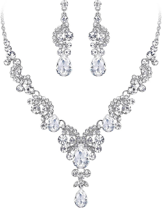 Rhinestone Crystal Bridal Floral Wave Teardrop Necklace Earrings Set 10_Clear Silver-Tone