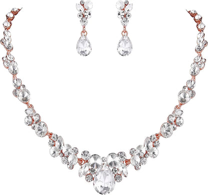 Rhinestone Crystal Elegant Bridal Floral Teardrop Necklace Earrings Set 9_Clear Rose Gold-Tone